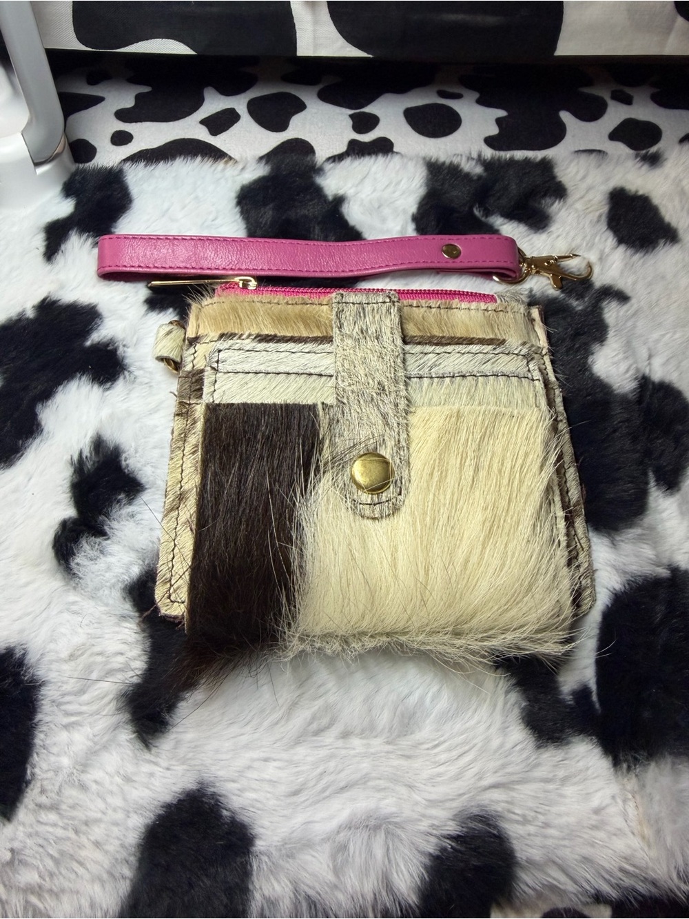 Haircalf Wristlet Clutch in Cream & Brown with Pink Strap
